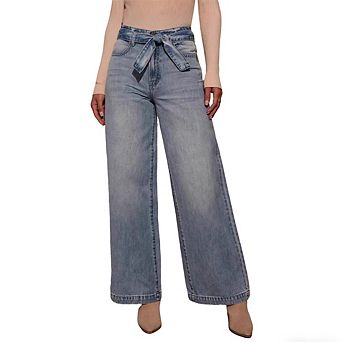Women's High Waist Tie Front Straight Leg Jeans Wide Leg Casual Denim Pants with Belt