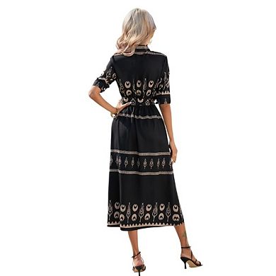 Womens Summer Boho Maxi Dress Trendy Short Sleeve Collared V Neck Flowy Beach Shirt Dresses