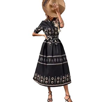 Womens Summer Boho Maxi Dress Trendy Short Sleeve Collared V Neck Flowy Beach Shirt Dresses