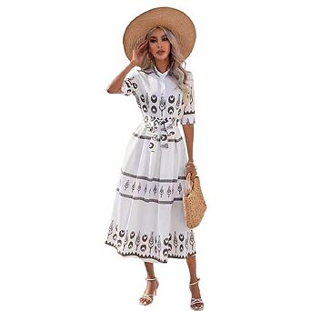 Womens Summer Boho Maxi Dress Trendy Short Sleeve Collared V Neck Flowy Beach Shirt Dresses