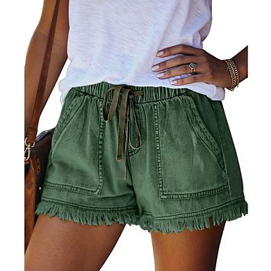 Women's Drawstring Waist Denim Shorts with Frayed Hem and Patch Pocket Design