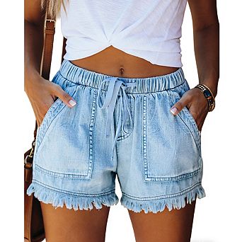 Women's Drawstring Waist Denim Shorts with Frayed Hem and Patch Pocket Design