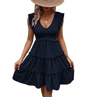 Women's Smocked V Neck Ruffle Mini Dress Summer Casual Sleeveless Tiered Swing Pleated Holiday Dress