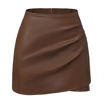 Women's Faux Leather Wrap Skort with High Waist Pleated Built-in Shorts for Casual Night Club Wear