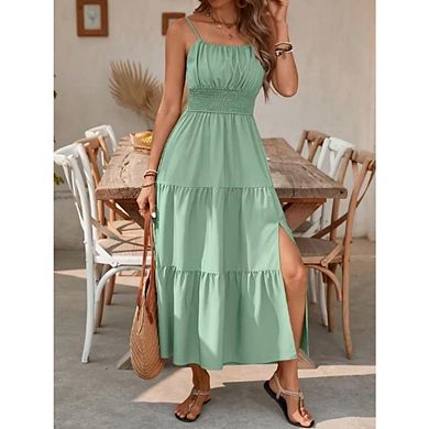 Women's Casual Boho Dress Sleeveless Spaghetti Strap Smocked Tiered Long Beach Sundresses