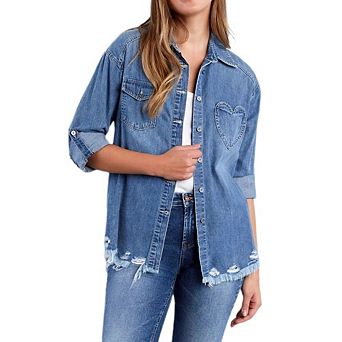 Women's 3/4 Sleeves Denim Shirt Jacket Casual Y2K Heart Pocket Roll Tab Sleeves Frayed Hem Outwear