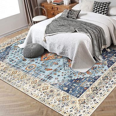 ANIXOL Vintage Floral Area Rug Non-Slip Low Pile Oriental Carpet