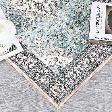 ANIXOL Washable Boho Floral Area Rug Non-Slip Vintage Oriental Carpet