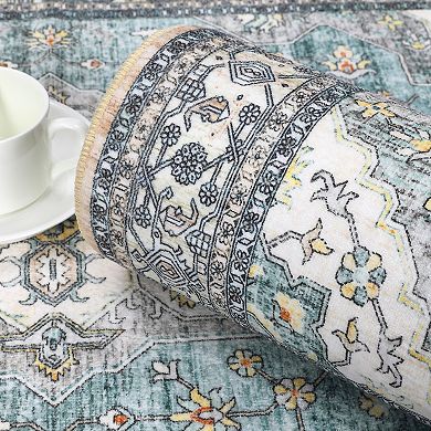 ANIXOL Washable Boho Floral Area Rug Non-Slip Vintage Oriental Carpet