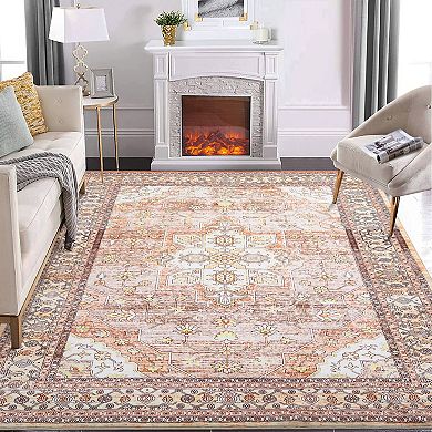 ANIXOL Washable Boho Floral Area Rug Non-Slip Vintage Oriental Carpet