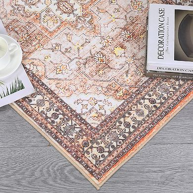 ANIXOL Washable Boho Floral Area Rug Non-Slip Vintage Oriental Carpet