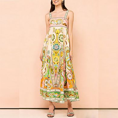 Women's Boho Spaghetti Strap Maxi Dress Sleeveless Bow Detail Elastic Back Summer Long Dress