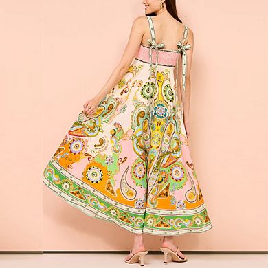 Women's Boho Spaghetti Strap Maxi Dress Sleeveless Bow Detail Elastic Back Summer Long Dress