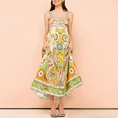 Women's Boho Spaghetti Strap Maxi Dress Sleeveless Bow Detail Elastic Back Summer Long Dress