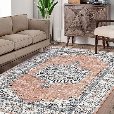 ANIXOL Washable Oriental Area Rug Non-Slip Low Pile Foldable Carpet