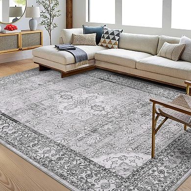 ANIXOL Washable Boho Floral Area Rug Non-Slip Vintage Oriental Carpet