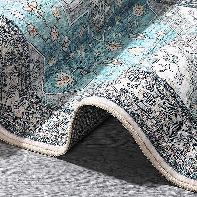 ANIXOL Washable Boho Floral Area Rug Non-Slip Vintage Oriental Carpet