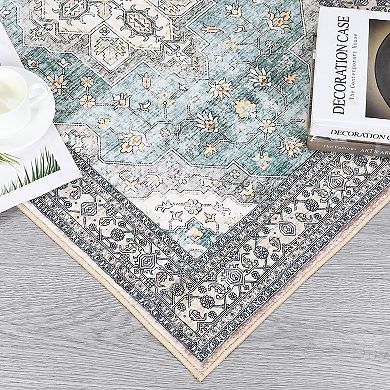 ANIXOL Washable Boho Floral Area Rug Non-Slip Vintage Oriental Carpet