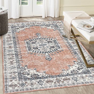 ANIXOL Washable Oriental Area Rug Non-Slip Low Pile Foldable Carpet