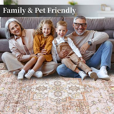 ANIXOL Washable Boho Floral Area Rug Non-Slip Vintage Oriental Carpet