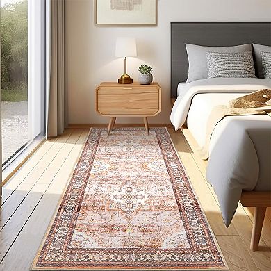 ANIXOL Washable Boho Floral Area Rug Non-Slip Vintage Oriental Carpet