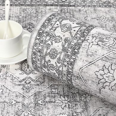 ANIXOL Washable Boho Floral Area Rug Non-Slip Vintage Oriental Carpet