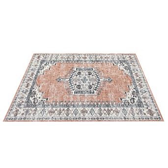 ANIXOL Washable Oriental Area Rug Non-Slip Low Pile Foldable Carpet