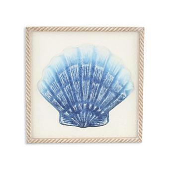 HomeRoots Blue and White Distressed Metal Sea Shell Brown Frame Wall Art