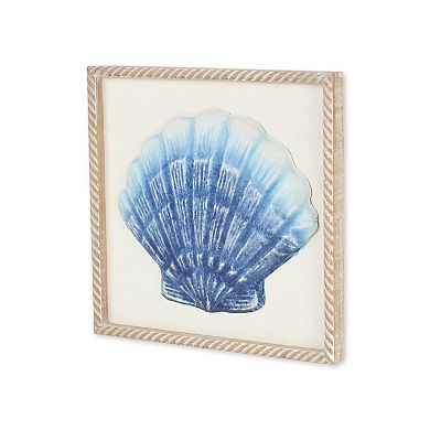 HomeRoots Blue and White Distressed Metal Sea Shell Brown Frame Wall Art