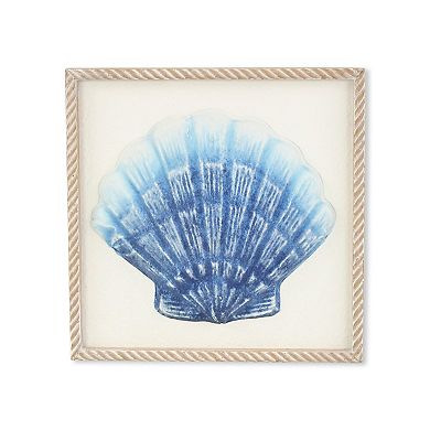 HomeRoots Blue and White Distressed Metal Sea Shell Brown Frame Wall Art
