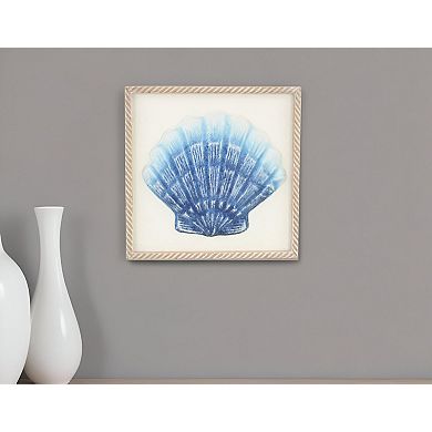 HomeRoots Blue and White Distressed Metal Sea Shell Brown Frame Wall Art