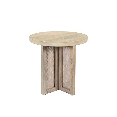 HomeRoots 22" Natural Solid Wood And Rattan Round End Table