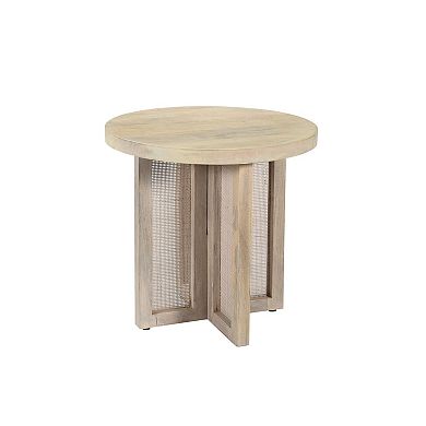 HomeRoots 22" Natural Solid Wood And Rattan Round End Table