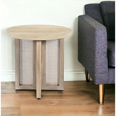 HomeRoots 22" Natural Solid Wood And Rattan Round End Table