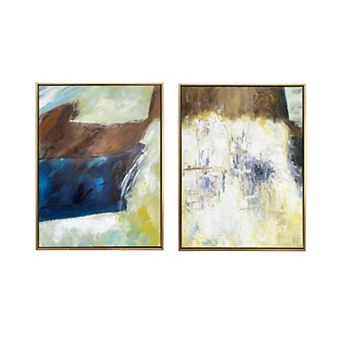 HomeRoots Set Of Two Mod Abstract Blue And Ivory Gold Floater Frame Painting Wall Art