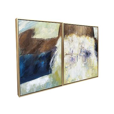 HomeRoots Set Of Two Mod Abstract Blue And Ivory Gold Floater Frame Painting Wall Art