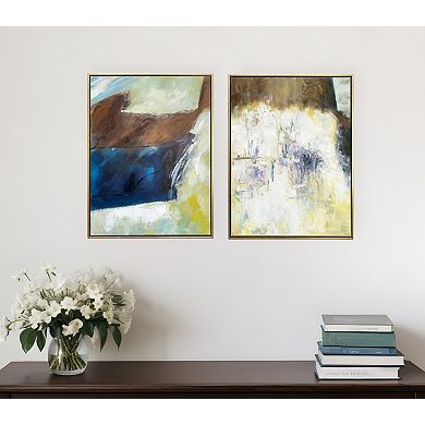 HomeRoots Set Of Two Mod Abstract Blue And Ivory Gold Floater Frame Painting Wall Art