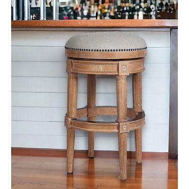 HomeRoots 31" Beige And Natural Solid Wood Swivel Backless Bar Height Bar Chair