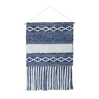 HomeRoots 26" X 51" Denim Blue And White Geometric Cotton Macrame Hanging Tapestry