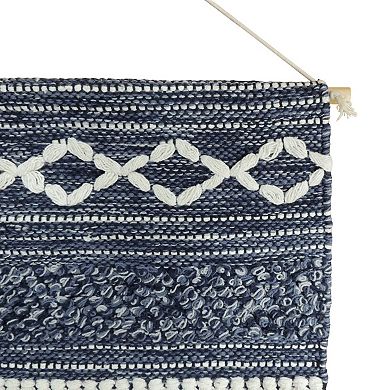 HomeRoots 26" X 51" Denim Blue And White Geometric Cotton Macrame Hanging Tapestry