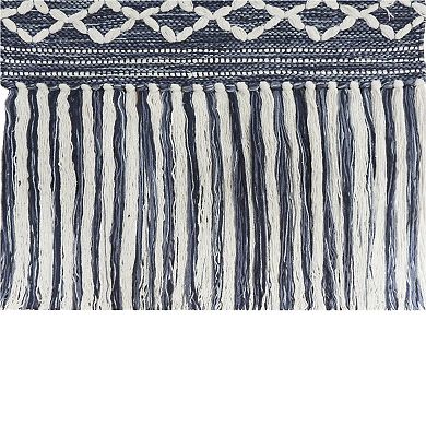 HomeRoots 26" X 51" Denim Blue And White Geometric Cotton Macrame Hanging Tapestry