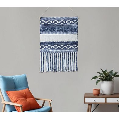 HomeRoots 26" X 51" Denim Blue And White Geometric Cotton Macrame Hanging Tapestry