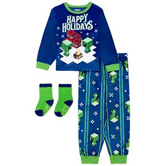 Boys 6-12 Minecraft Happy Holidays 3 pc Pajama Top, Pajama Bottoms, & Pajama Socks Set