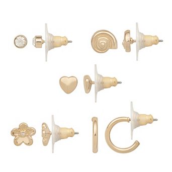 LC Lauren Conrad Gold Tone Heart, Flower & Seashell 5-Pair Earring Set