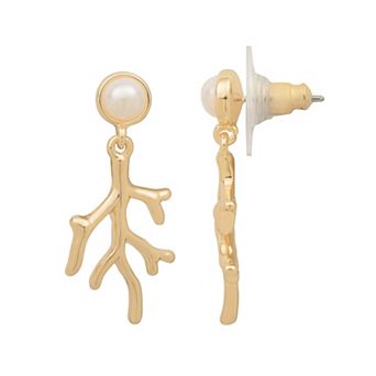 LC Lauren Conrad Gold Tone Simulated Pearl & Coral Branch Drop Earrings