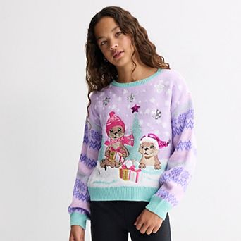 Girls 7-20 33 Degrees Otter Snowflake Sequin Graphic Sweater in Regular & Plus Size