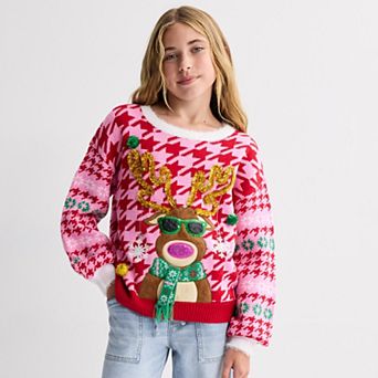 Girls 6-18 33 Degrees Holiday Reindeer Graphic Sweater in Regular & Plus Size