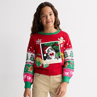 Girls 6-18 33 Degrees 'Naughty List' Holiday Cat Graphic Sweater in Regular & Plus Size
