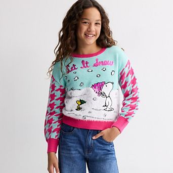 Girls 6-18 33 Degrees Peanuts Snoopy & Woodstock 'Let It Snow' Graphic Sweater in Regular & Plus Size
