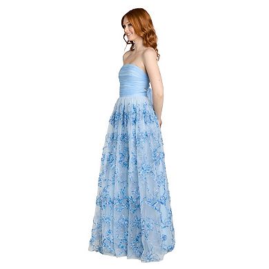Juniors' Morgan and Co Strapless Tulle Ball Gown with Butterfly Soutache Design